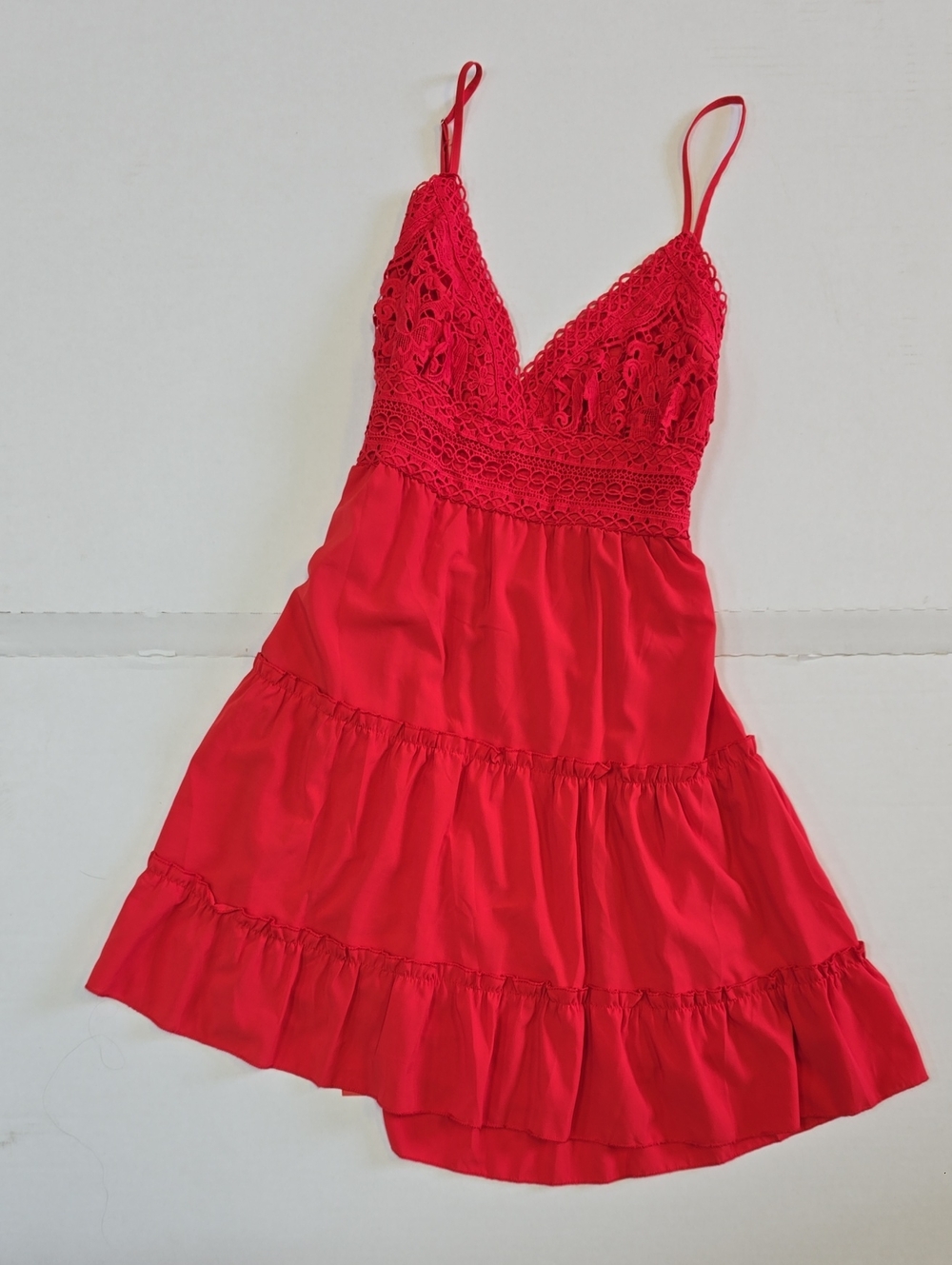 Red Lace-Detail Midi Dress with Spaghetti Straps